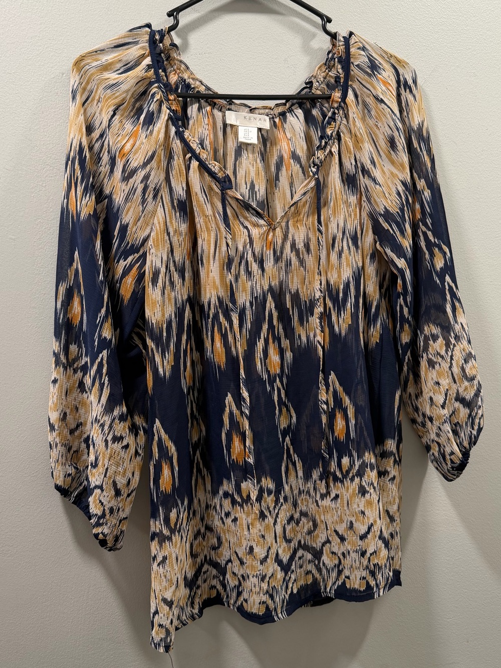 Kenar Navy and Tan Ikat Print Peasant Tunic sheer boho top size S